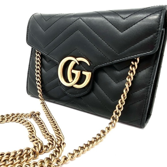 GUCCI MARMONT MATELASSE GG LOGO QUILTED BLACK LEATHER FLAP SHOULDER BAG AUTHENTI - Picture 1 of 12
